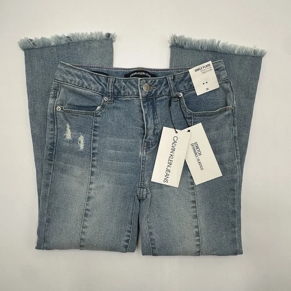Calvin Klein Jeans Ankle Flare Girls Size 10 Fringe Raw Bottoms Stretch NWT